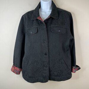 Chico's Button Up Utility Jacket 2 Large Chore Travel Stretch Brocade Everyday‎